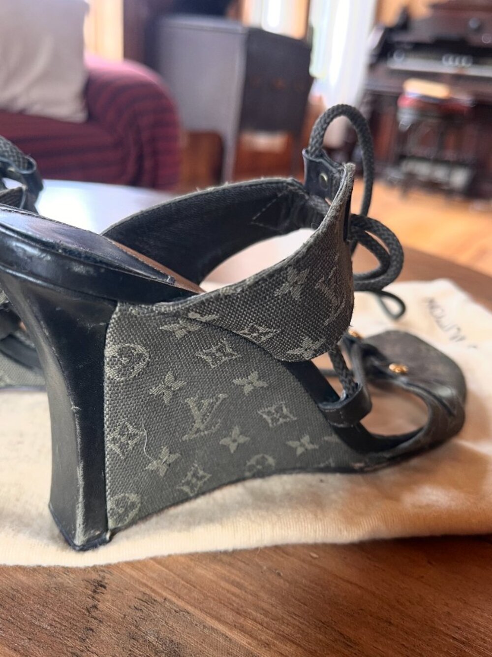 Louis Vuitton Monogram Lace Up Heeled Sandals Size 37 Brown Canvas Wedge Heels - Picture 6 of 8